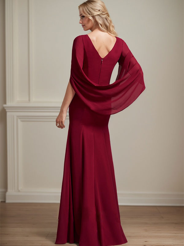 Trompeten-/Meerjungfrauen-Chiffonkleid mit U-Boot-Ausschnitt und Falten für die Mutter der Braut 