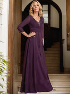 A-Linien-Kleid aus Chiffon mit V-Ausschnitt, bodenlang, für die Mutter der Braut, mit plissierter Perlenstickerei
