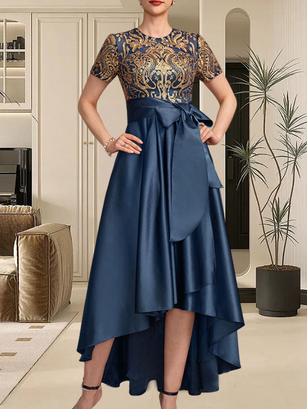 Vestido de madre de la novia con corte A, escote redondo, asimétrico, de satén con lentejuelas y encaje, con lazo