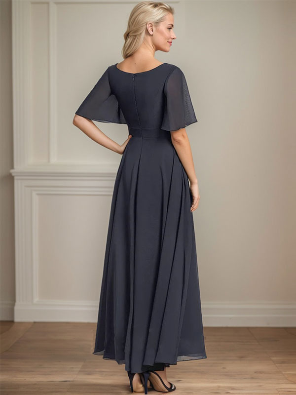 Vestido de gasa para madre de la novia, corte A, escote en V, largo hasta los tobillos, con lentejuelas y cuentas plisadas