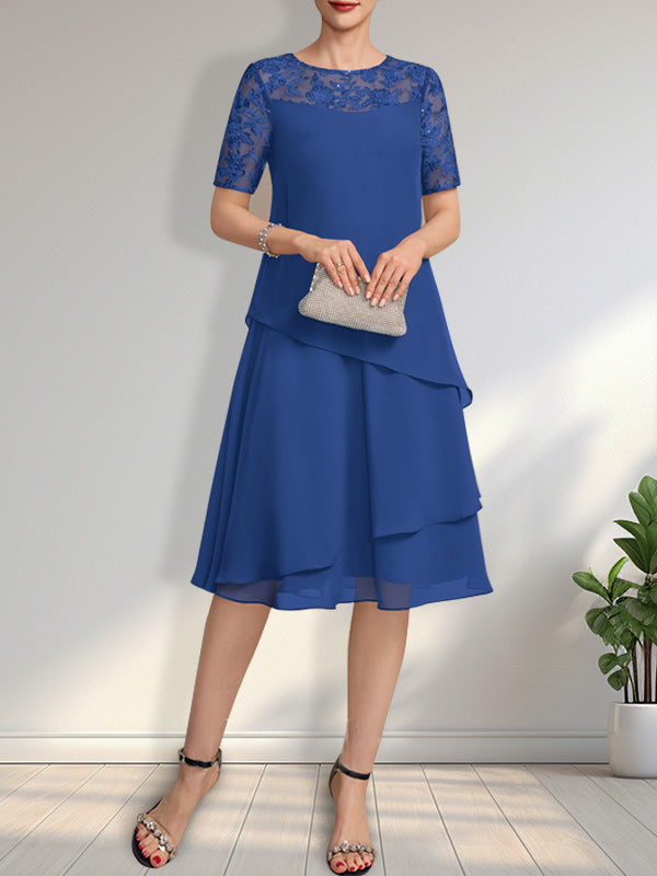 A-Linien-Kleid mit Rundhalsausschnitt, Illusion-Effekt, knielang, aus Spitze und Chiffon mit Pailletten für die Mutter der Braut