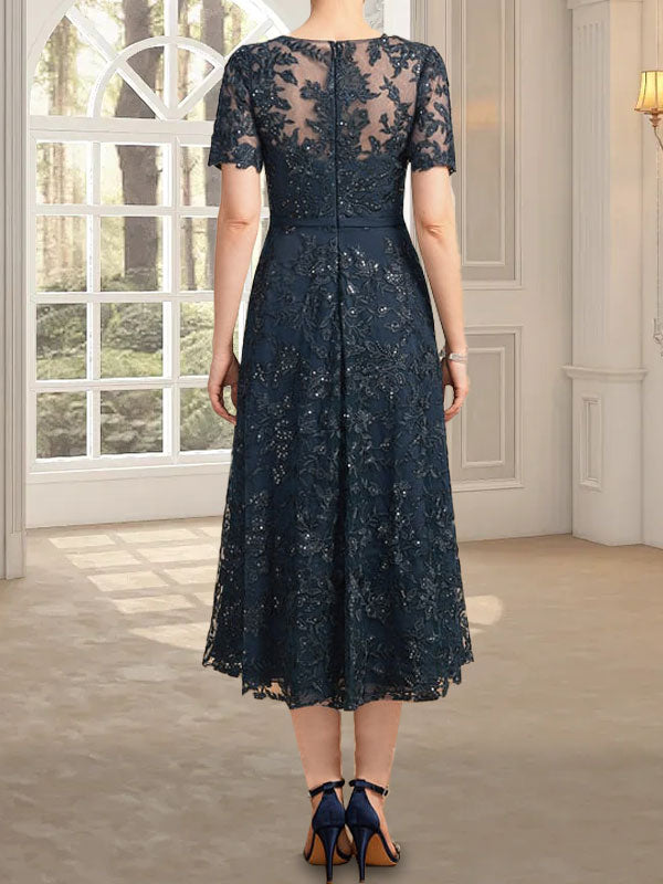 A-Linien-Kleid mit Rundhalsausschnitt, Illusion-Ausschnitt, Teelänge, Spitze und Pailletten für die Mutter der Braut