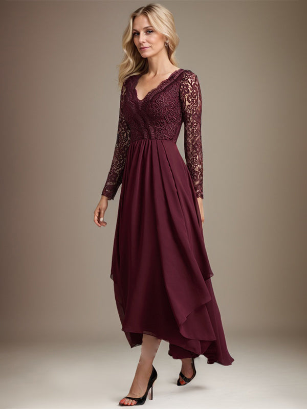Vestido de gasa con encaje asimétrico y escote en V para madre de la novia 