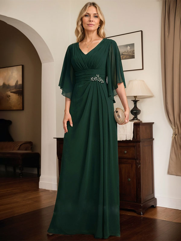 Vestido de gasa para madre de la novia, con escote en V, largo hasta el suelo, con lentejuelas plisadas y abalorios.
