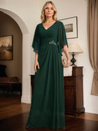 Vestido de gasa para madre de la novia, con escote en V, largo hasta el suelo, con lentejuelas plisadas y abalorios.