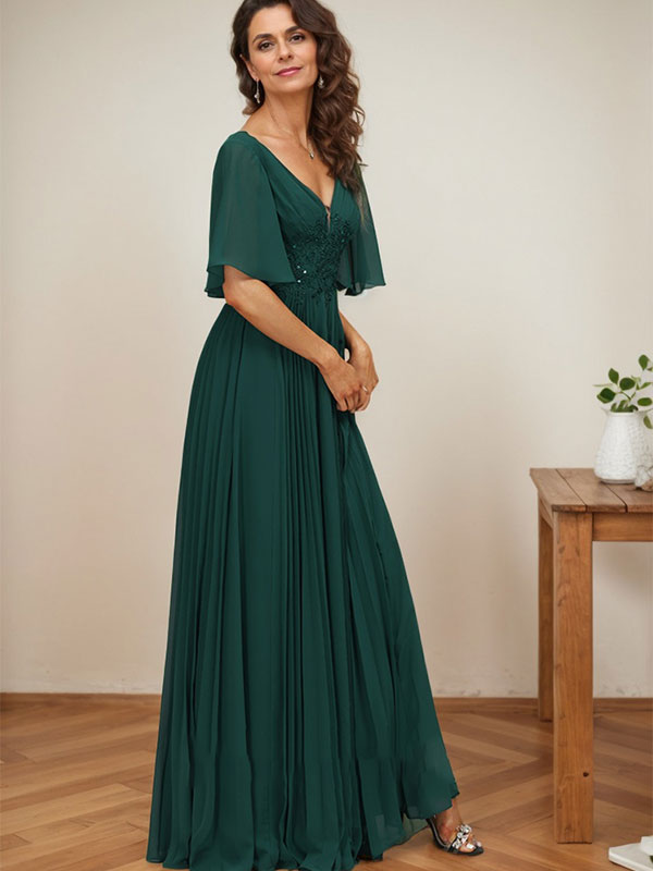 A-Linien-Kleid aus Chiffon mit V-Ausschnitt, bodenlang, mit Paillettenapplikationen, Spitze und Falten für die Mutter der Braut 