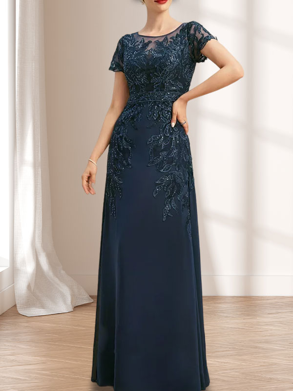 Vestido de gasa con encaje y lentejuelas para madre de la novia, largo hasta el suelo, con escote redondo e ilusión