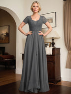 A-Linien-Kleid mit herzförmigem Herzausschnitt, bodenlang, aus Chiffon und Spitze, mit Perlenstickerei und Kaskadenrüschen – ideal für die Mutter der Braut