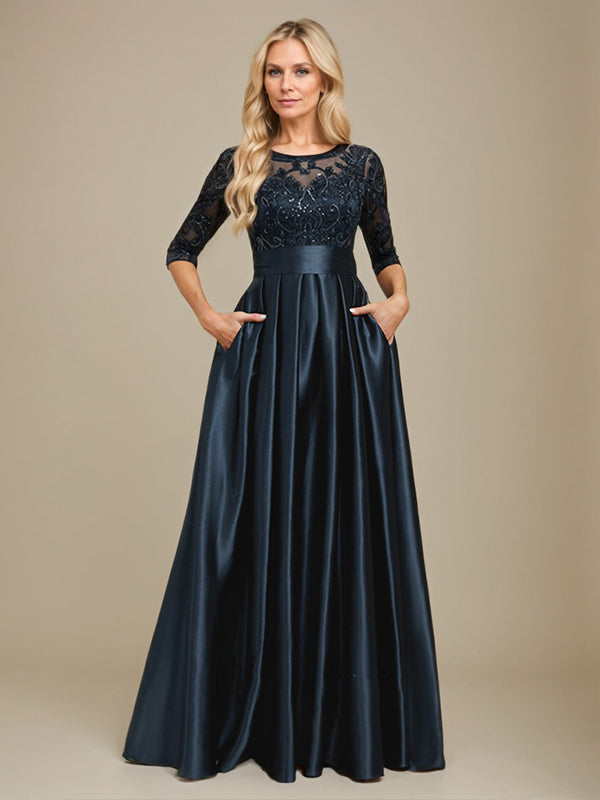A-Linien-Kleid mit Illusion-Ausschnitt, bodenlang, aus Stretch-Satin und Spitze, verziert mit Schleife und Pailletten, für die Mutter der Braut 