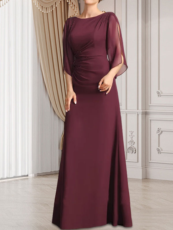 Etui-/Säulen-Chiffonkleid in Bodenlänge für die Mutter der Braut mit plissierter Perlenstickerei