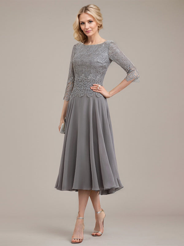A-Linien-Kleid aus Chiffon mit Rundhalsausschnitt und Teelänge für die Mutter der Braut 