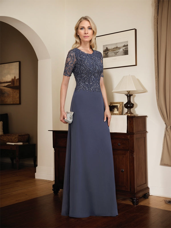A-Linien-Kleid aus Chiffon mit Pailletten und Rundhalsausschnitt, bodenlang, für die Mutter der Braut