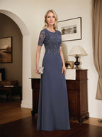 A-Linien-Kleid aus Chiffon mit Pailletten und Rundhalsausschnitt, bodenlang, für die Mutter der Braut