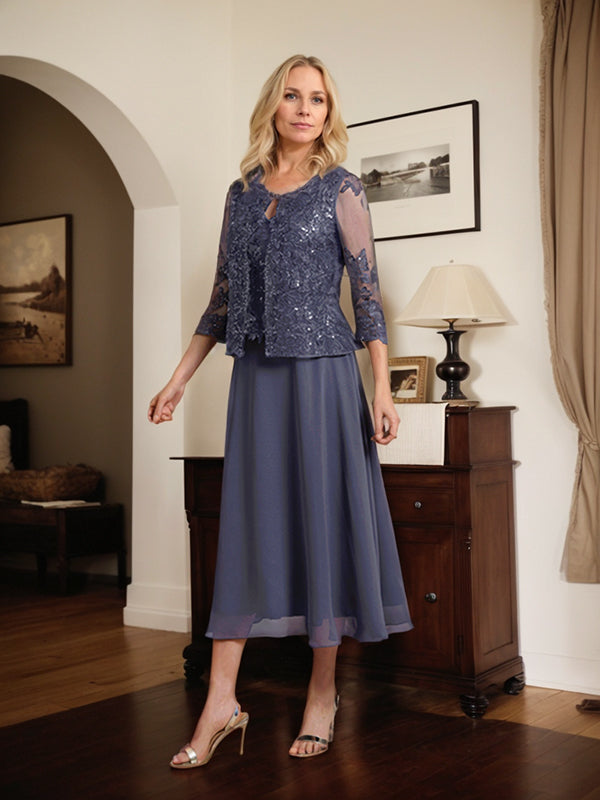 Vestido de gasa con encaje y lentejuelas para madre de la novia, corte A, escote redondo y largo hasta la rodilla 