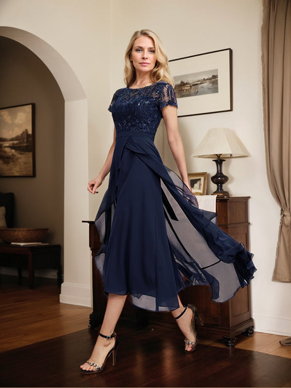 Vestido de madre de la novia de gasa asimétrica con escote en A, ilusión, encaje, lazo, volantes y lentejuelas 