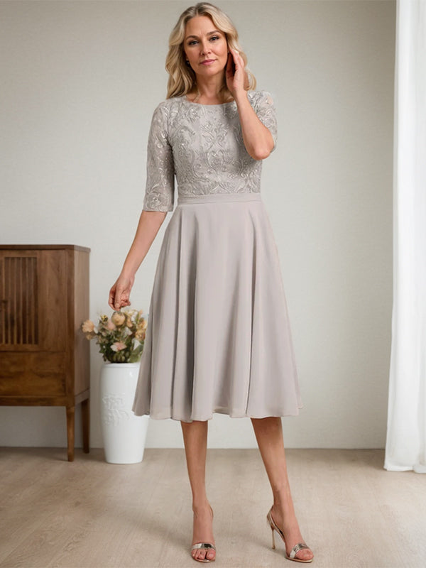 A-Linien-Kleid aus Chiffon mit Rundhalsausschnitt und knielangem Schnitt – das perfekte Kleid für die Mutter der Braut