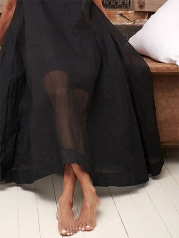 Vestido midi de corte A, suelto, con bolsillos, transparente, color liso, cuello redondo 
