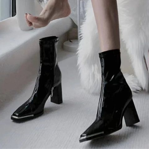 Botines sexis con punta cuadrada para mujer, zapatos de tacón alto gruesos, zapatos de invierno de moda 2024, botas Chelsea de diseñador, nuevos zapatos de mujer 