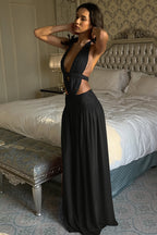 Chic Lace Trim Halter Neck Open Back A Line Maxi Dress