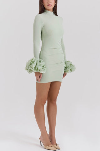 Ruffled Patchwork Long Sleeve High Neck Mini Dress
