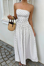Polka Dot Strapless Sleeveless Ruffle Slim Maxi Dress