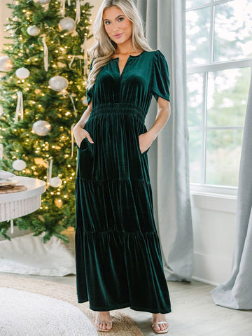 Vestido de terciopelo con escote en V, fruncido, capas, manga corta, vestidos largos 