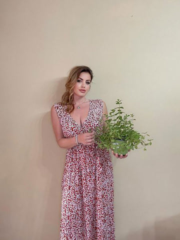 Vestido maxi floral sin mangas con cuello en V y abertura para verano 