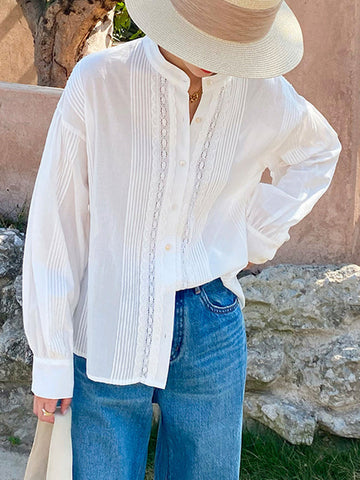 Long Sleeves Loose Buttoned Pleated Solid Color Split-Joint Stand Collar Blouses&Shirts Tops