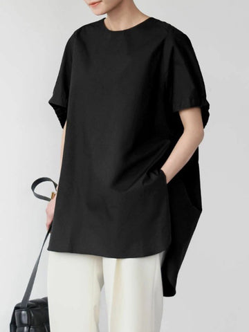 High-Low Loose Elasticity Solid Color Split-Side Rundhals-T-Shirts Tops 