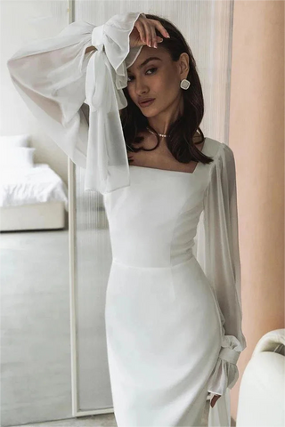 Vestido midi liso con cuello cuadrado y mangas farol 
