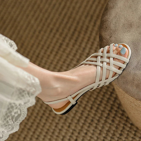 Elegante Retro Damen Flache Sandalen 2024 Trend Sommer Casual Damen Schuhe Hochwertige PU Leder Slip On Sandalen Hausschuhe 