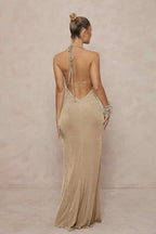 Deep V Halter Ruched Metal Trim Backless Maxi Dress