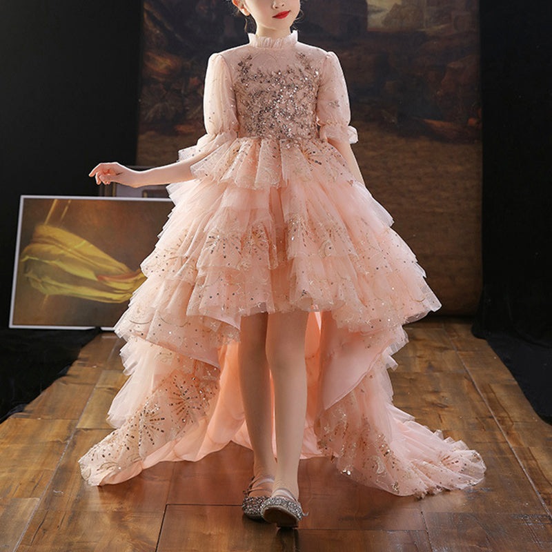 Mädchen Sommerkleid Rosa Pailletten Schleppe Prinzessin Festzug Geburtstag Kommunion 