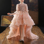 Mädchen Sommerkleid Rosa Pailletten Schleppe Prinzessin Festzug Geburtstag Kommunion 