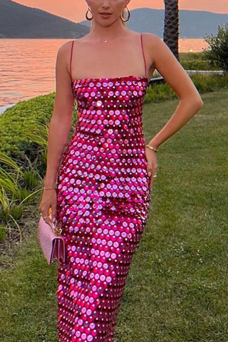 Glamouröser Glitzer-Spaghettiträger-Midi-Kleider für Geburtstagspartys 