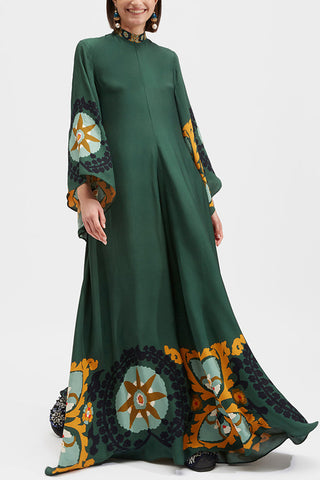 Shine The Light Unique Printed High Neck Bell Sleeve Loose Maxi Dress