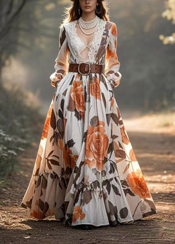 Vestido estilo escote en V con patchwork, encaje y estampado floral, ceñido, primavera 