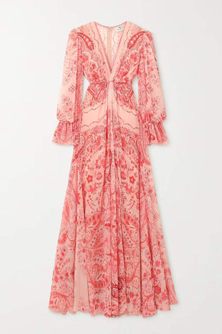 Printed Long Sleeve V-Neck Lace Trim Maxi Dress