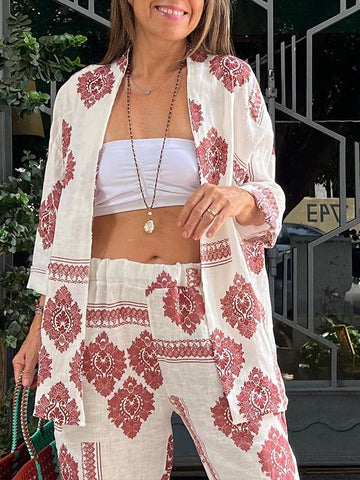 Women's Two-piece Set with Ethnic Print Cardigan Top and Elastic-waisted Trousers