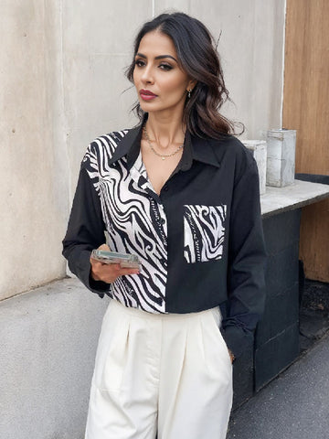 Blusas y camisas de manga larga, sueltas, asimétricas, con botones y solapas de rayas de cebra 