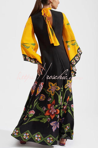 Shine The Light Unique Printed High Neck Bell Sleeve Loose Maxi Dress