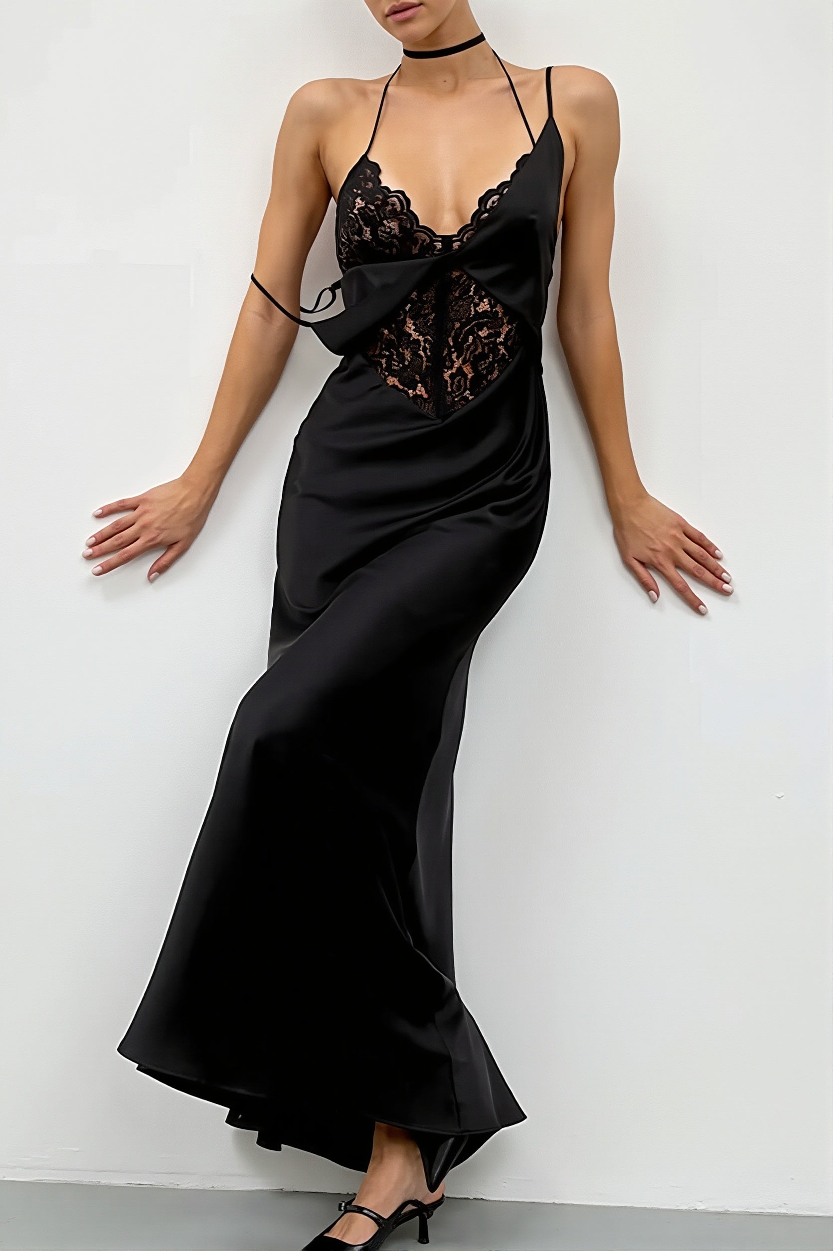 Solid Lace Spliced Cutout Tie Maxi Dress