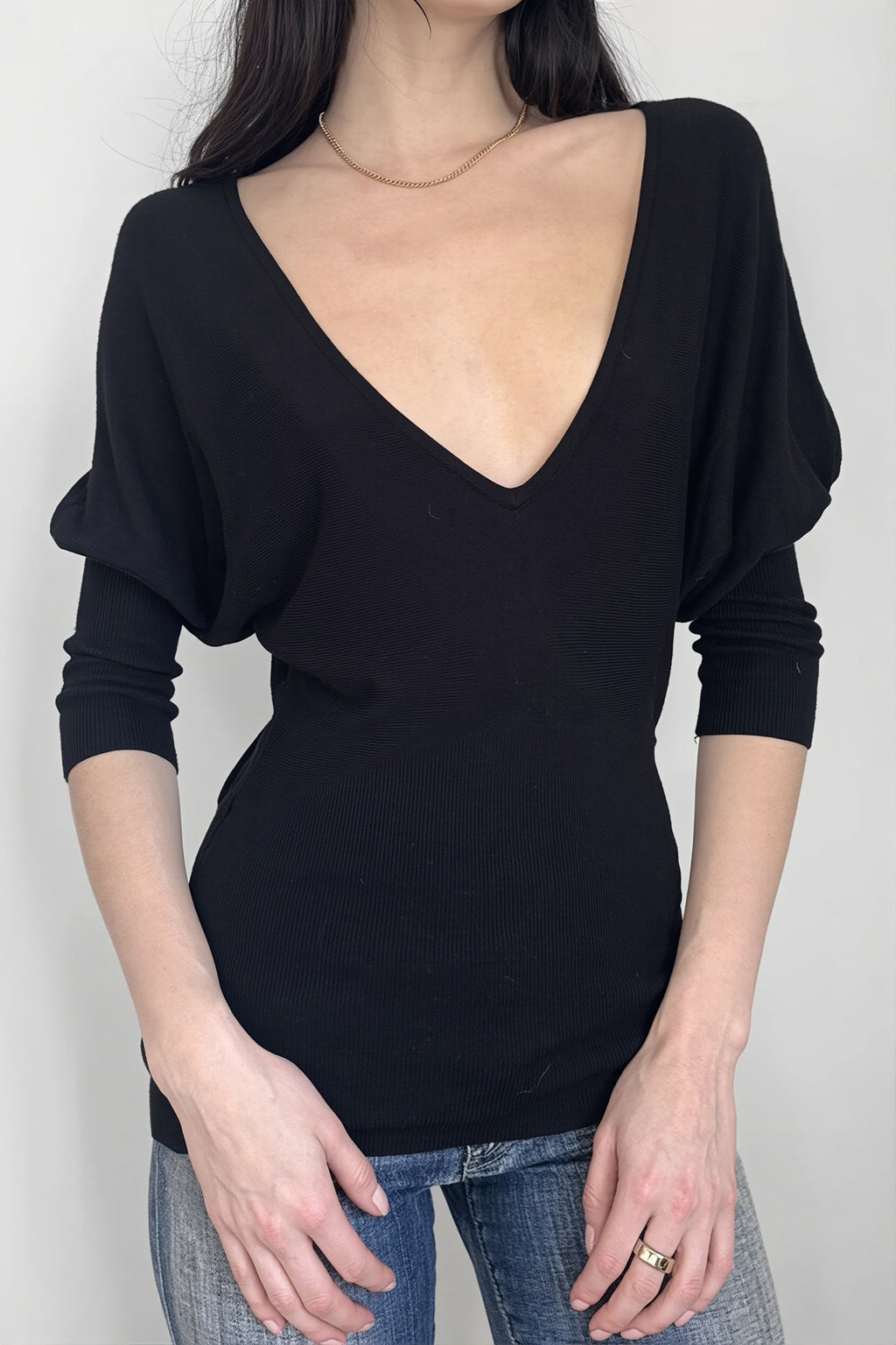 Black V Neck Slim Basic Blouse