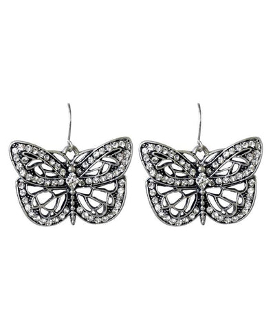 Retro White Metal Zircon Butterfly Hollow Out Stud Earrings