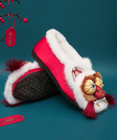 Zapatos planos vintage con borlas y cuentas de clavos forrados de lana afelpada roja 