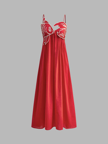 Vestido midi con tirantes finos y bordado de pez 