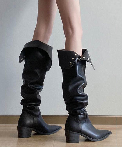 Botas de moda con tacón grueso y empalme de piel sintética negra 