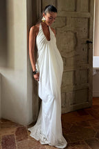 Loose V Neck Ruffled Halter Tulle Maxi Dress