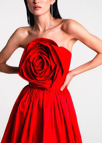 Einzigartige rote schulterfreie Partykleider aus Baumwolle mit Blumenmuster, ärmellos 