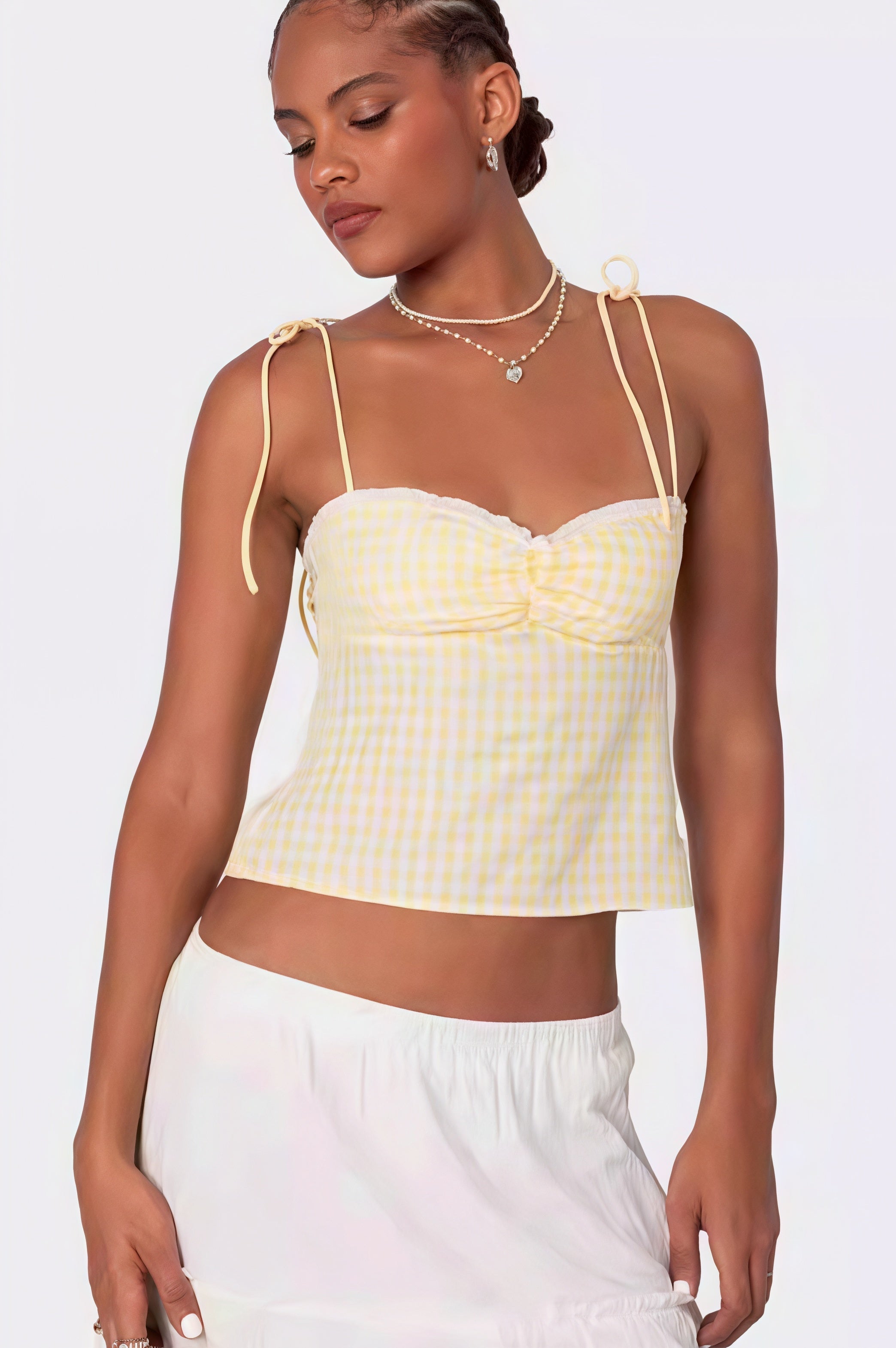 Tie Back Lace Trim Plaid Cami Top